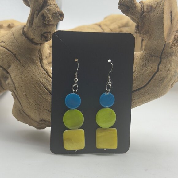 Colorful Geometric Dangle Earrings Blue Green Yellow Lightweight Boho Glass - Picture 3 of 5